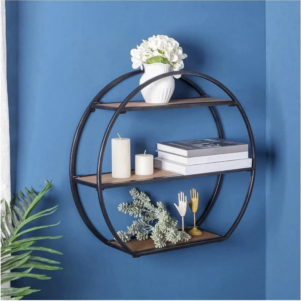 Industrial 3-Tier Semi-Circle Wall Shelves with Metal Bracket and Wood